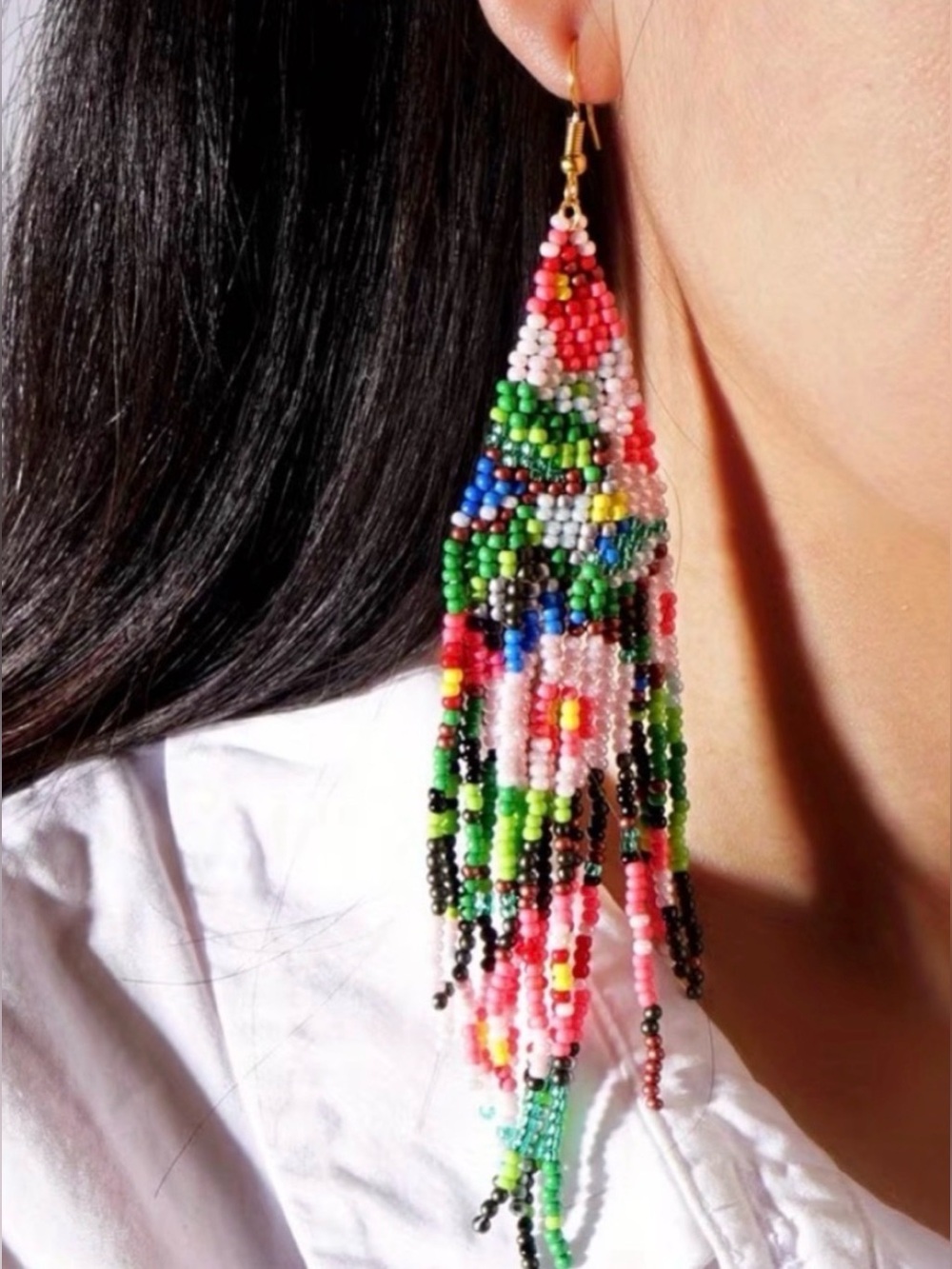 Bohemian Handmade Multicolour Floral Seed Bead Fringe Earrings